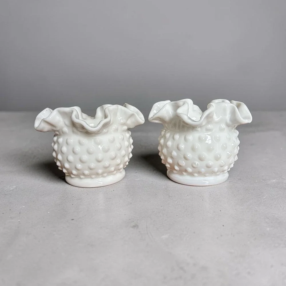 2 Fenton White Milk Glass Hobnail Crimped Ruffled Edge Rose Bowl Vase Vintage